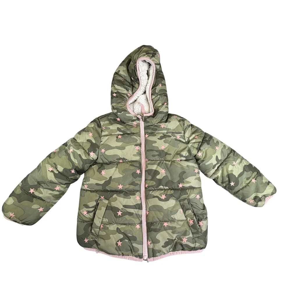 Gap Puffer Jacket Girls 5T Green Camo Hooded Sherpa Lined Stars Zip Winter